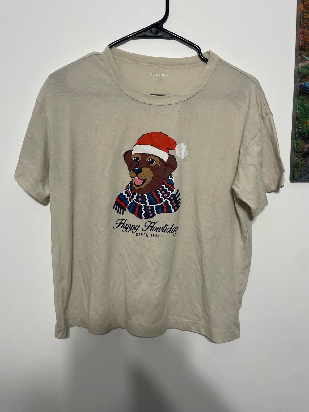 Old Navy Cream happy Holidays Dog Graphic Tee with Red Hat